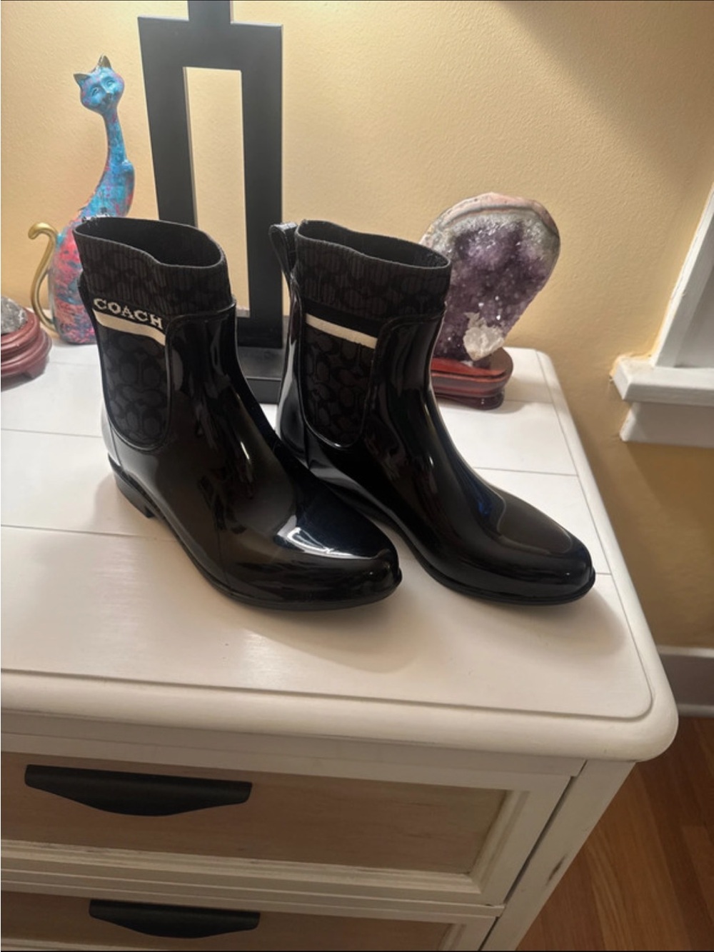 COACH Black Patent Logo Ankle Rain Booties